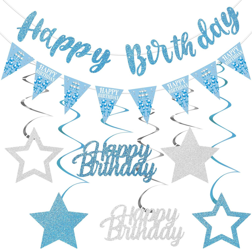 Sky Blue Silver Birthday Decorations for Boys Girls, Happy Birthday Banner for M