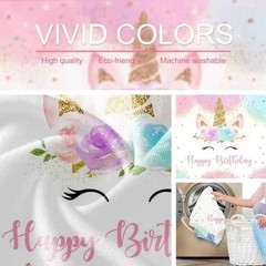 Unicorn Backdrop 8x6ft Pastel Rainbow Glitter Stars Dots Happy Birthday Banner