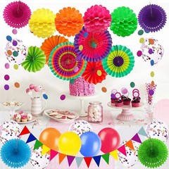 Party Decoration, Multi-colored Paper Fans Pom Poms Flowers Garlands Confetti…