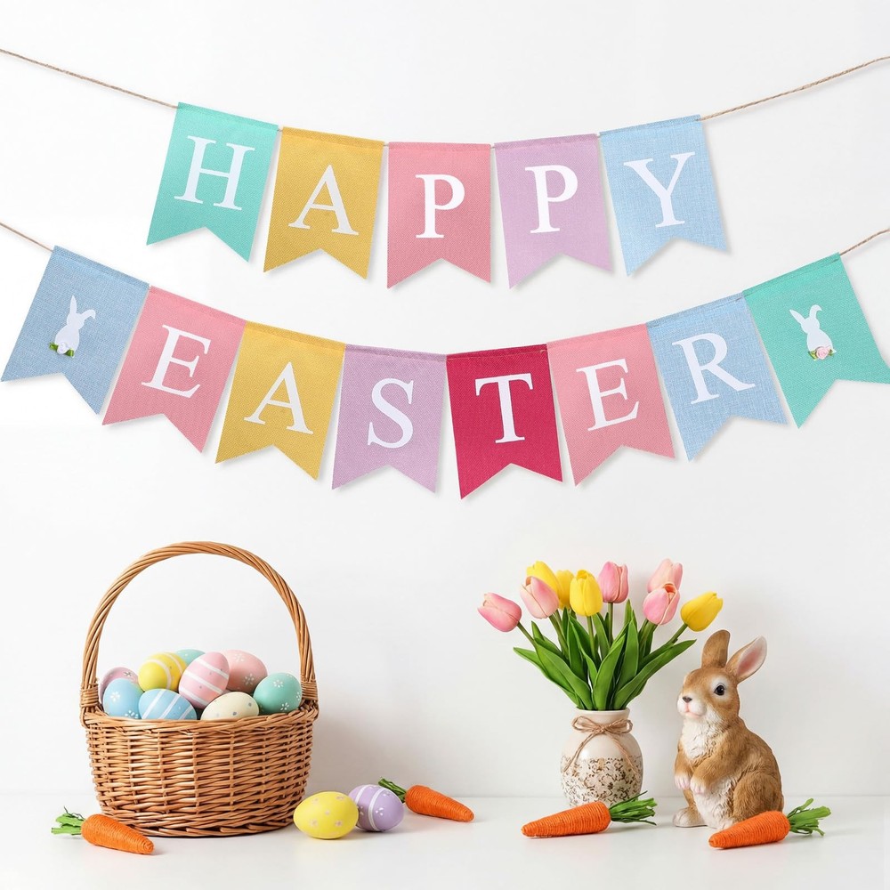 2pcs Happy Easter Banner Burlap Easter Bunting Garland Decorations Rabbit Color