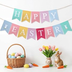 2pcs Happy Easter Banner Burlap Easter Bunting Garland Decorations Rabbit Color