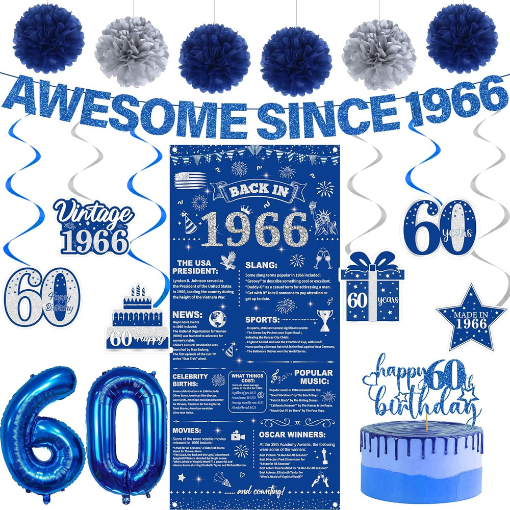 60Th Birthday Decorations Men Banner – 17 Pcs Blue Glitter Back in 1966 Birthday