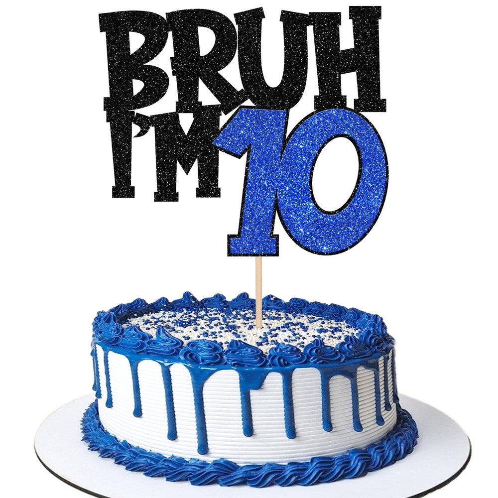 1 PCS Blue Bruh I’m 10 Cake Topper Glitter Happy 10th Birthday Decoration