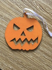 halloween Hanging decoration Pumpkin Laser Cut Painted Plywood. With Ribbon.