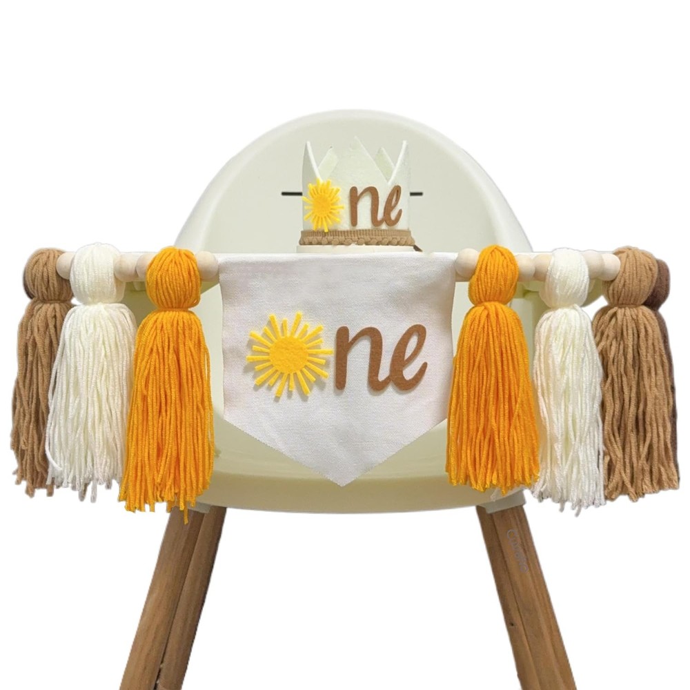 Boho Sunshine One High Chair Banner with Birthday Cone Hat for Sunshine First…