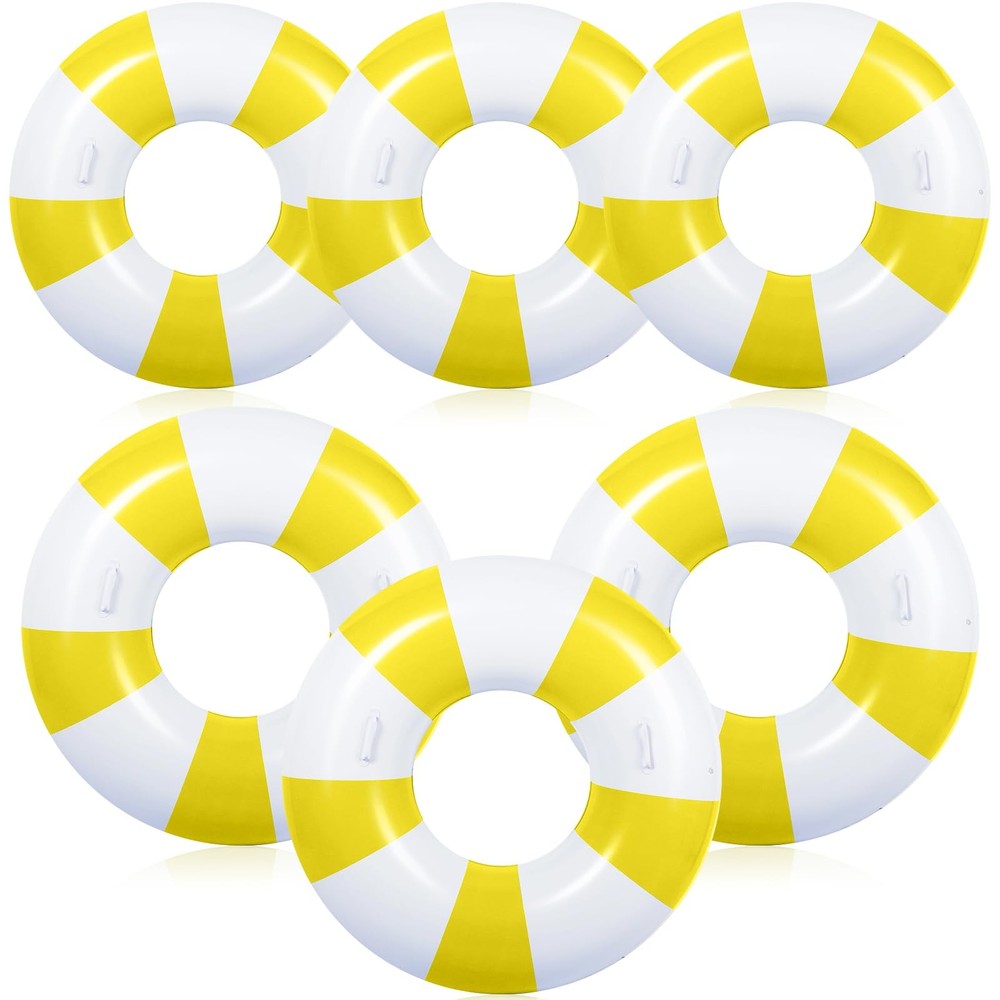 6 Pcs Yellow White Inflatable Striped Pool Float Large Swim Ring with Handles…