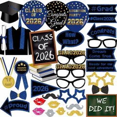 Class of 2026 Graduation Photo Booth Props Set – 35PCS Blue and Gold Graduati…