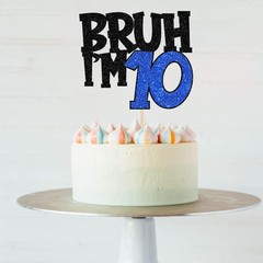1 PCS Blue Bruh I’m 10 Cake Topper Glitter Happy 10th Birthday Decoration