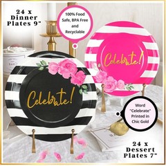 121 Pc Black and Pink Birthday Decorations – Disposable Tableware Set – Serve…