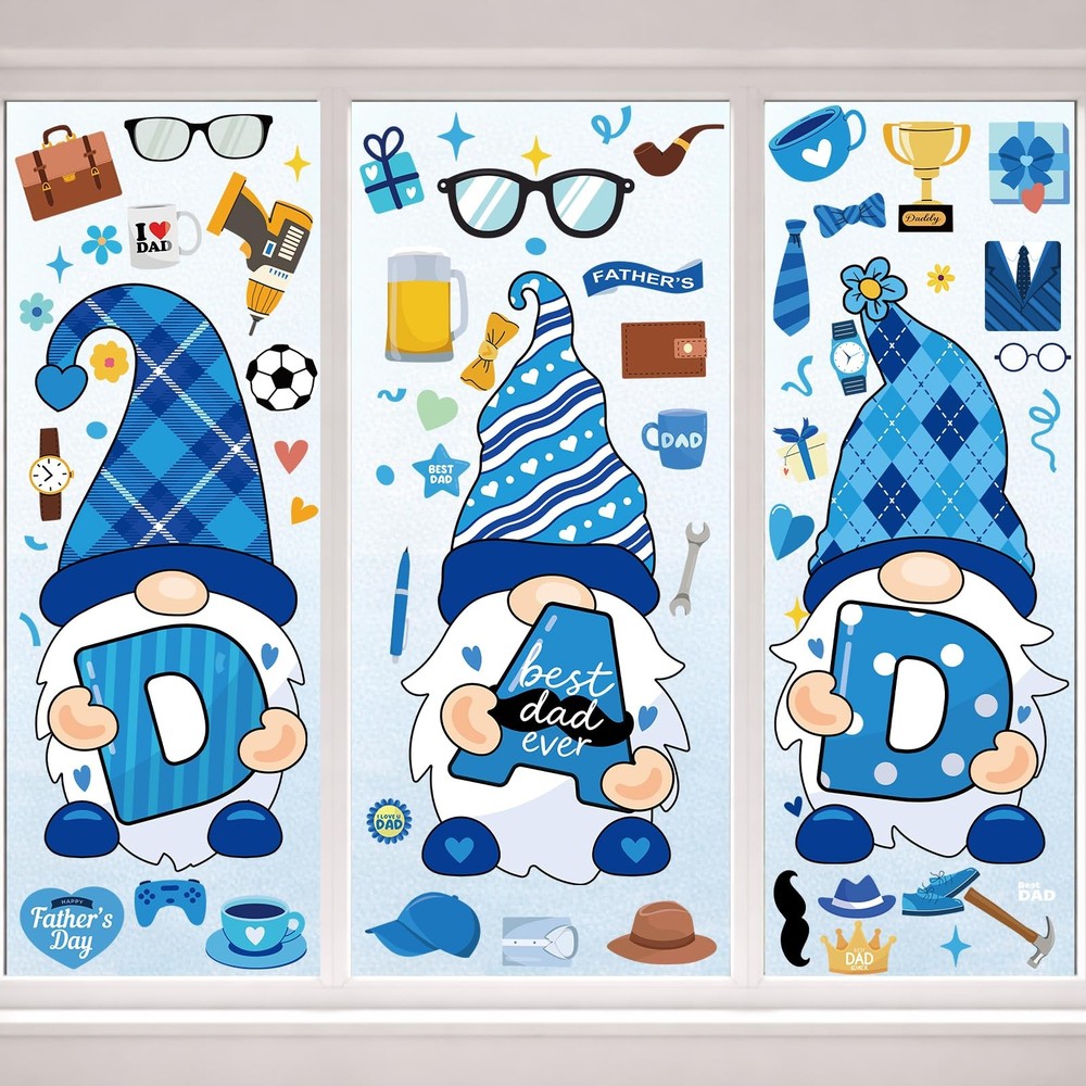 3 Sheets Extra Large Father’s Day Window Cling Decorations Blue Gnome Heart Wind