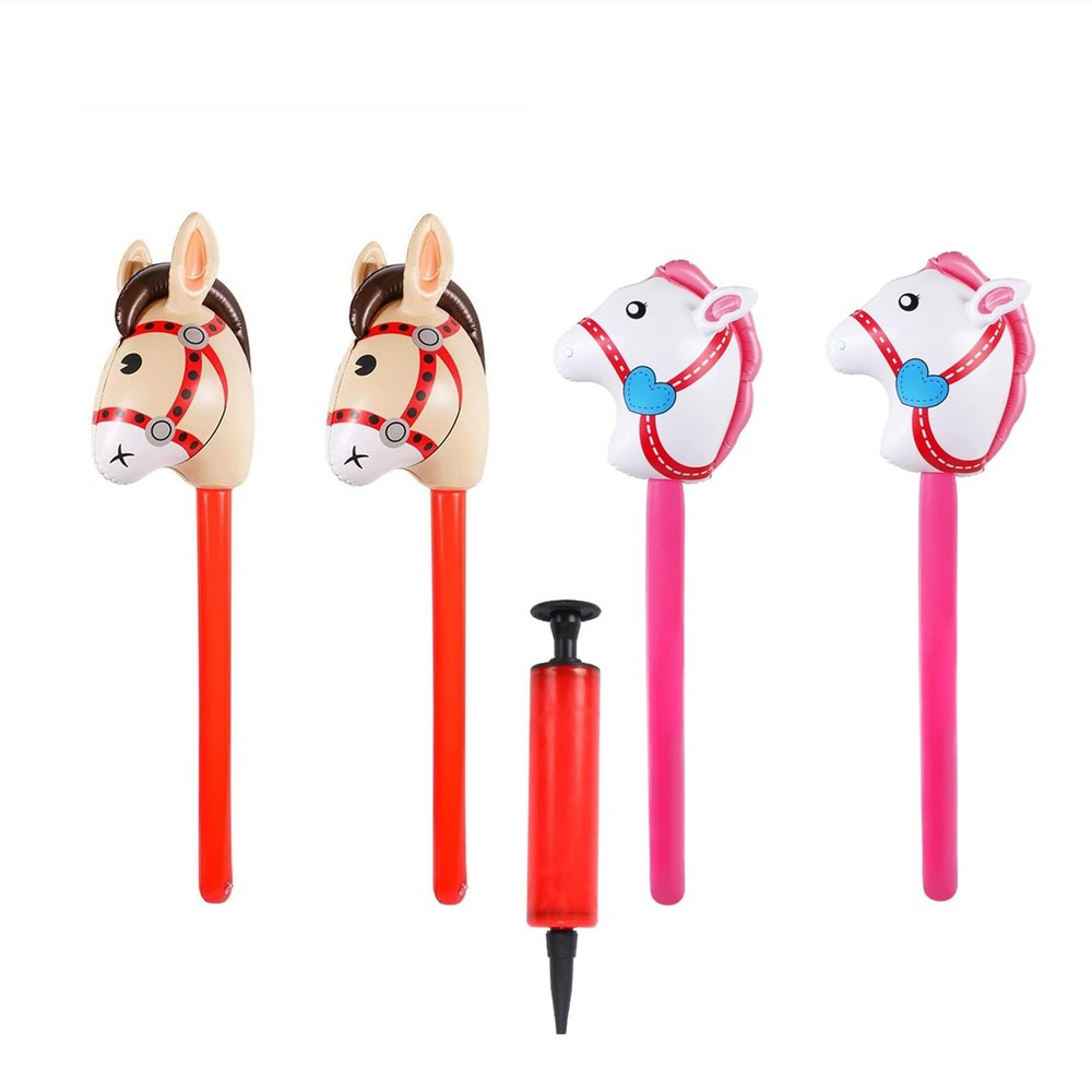 4 Pieces Inflatable Stick Horse with Air Pump Inflatable Horse Head Stick Bal…