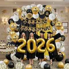 2026 Graduation Decorations – Black & Gold Balloons, Congrats Grad Banner, Party