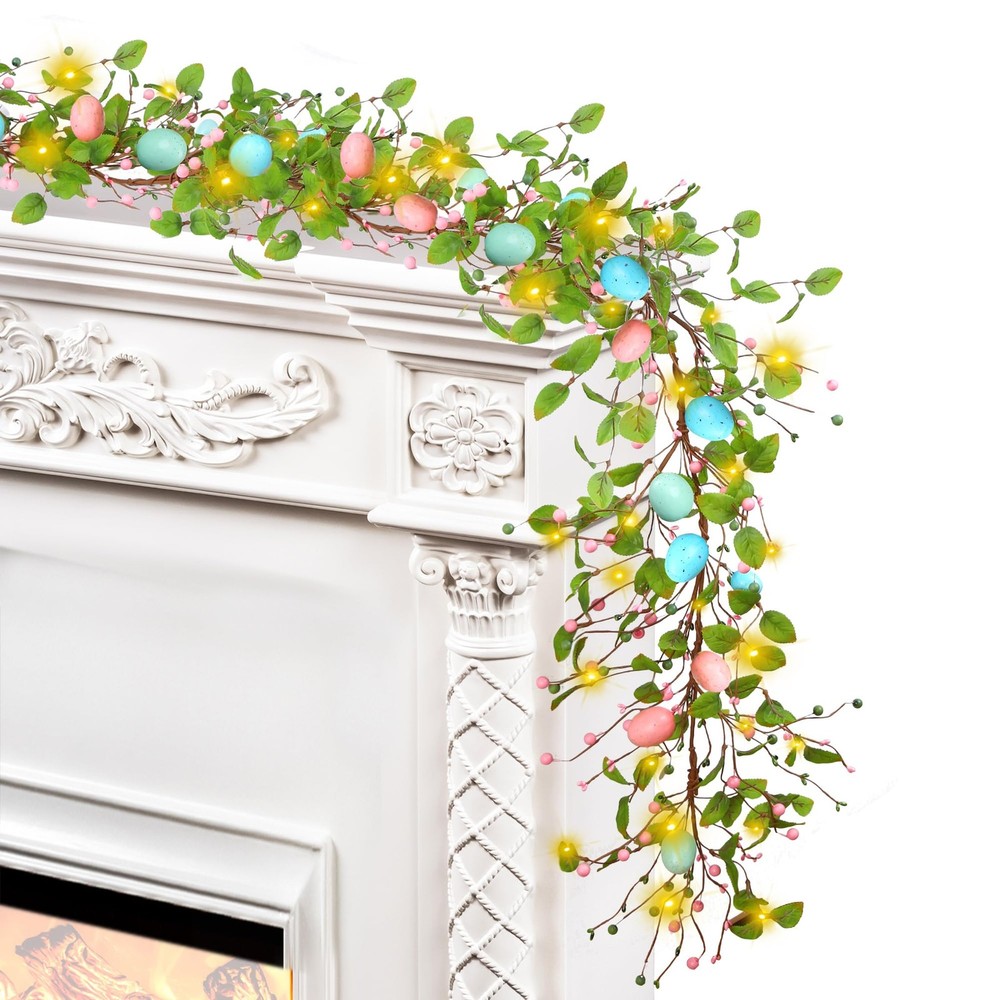 5.9FT Artificial Easter Egg Garland Eggs with Colorful Berries Greenery Leaves R