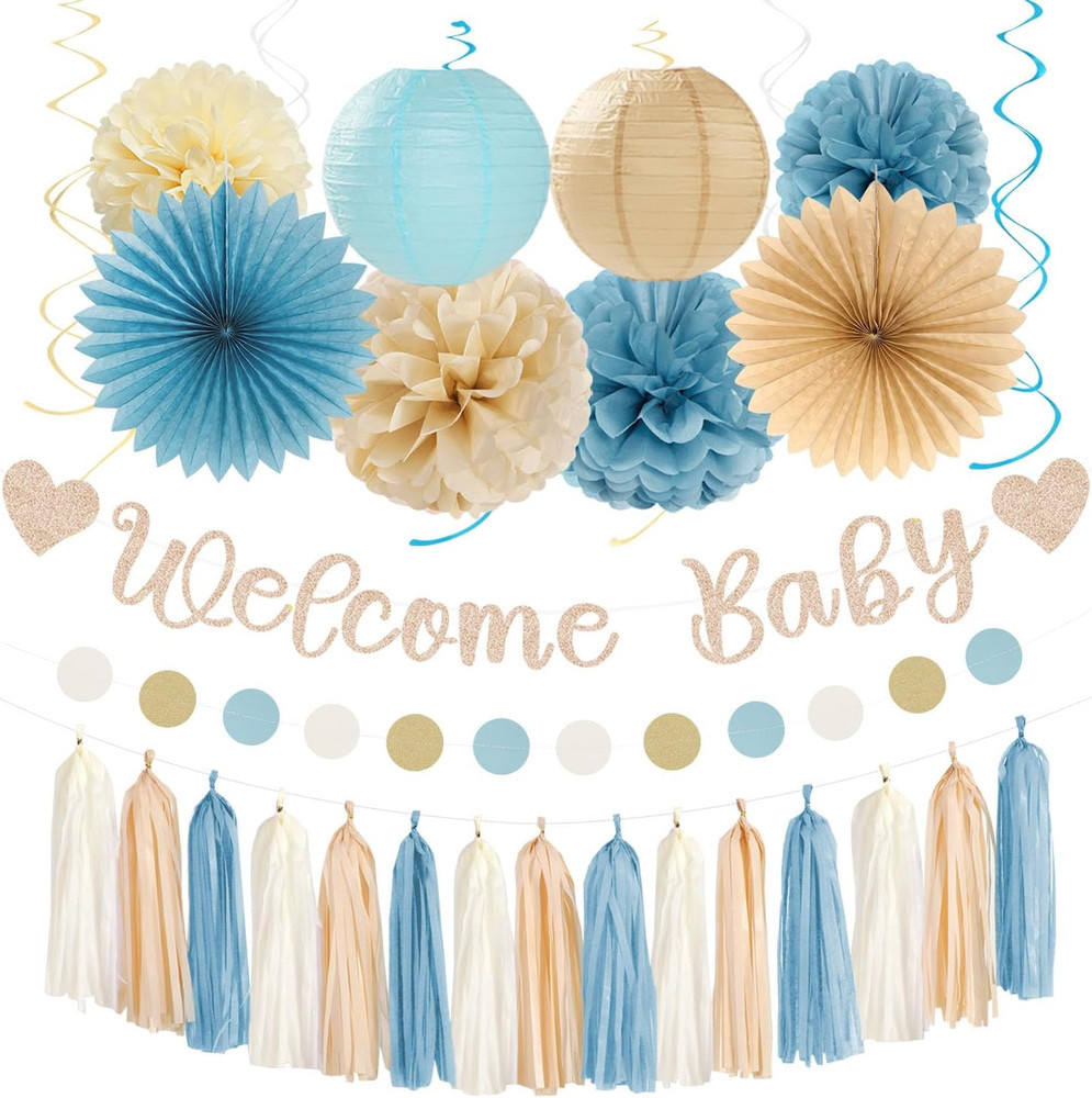 Light-Dusty Blue Beige-Champagne Baby-Shower Party-Decorations – 31Pcs Welcome H
