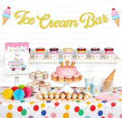 Ice Cream Party Decorations Set, Ice Cream Bar Banner with Table Signs & Topping