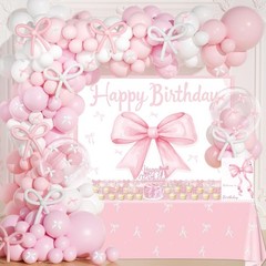 Pink Bow Birthday Decorations Set – 227 Pcs Coquette Party Supplies, Backdrop, C