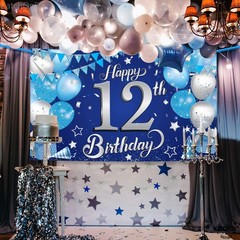 Happy 12th Birthday Banner – 72×44 Inch | Blue and Silver Happy 12th Birthday Pa