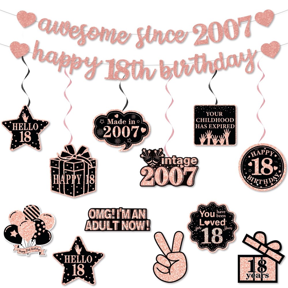 Pre-Strung 18th Birthday Banner Decorations for Girls, Glitter Happy 18th Bir…