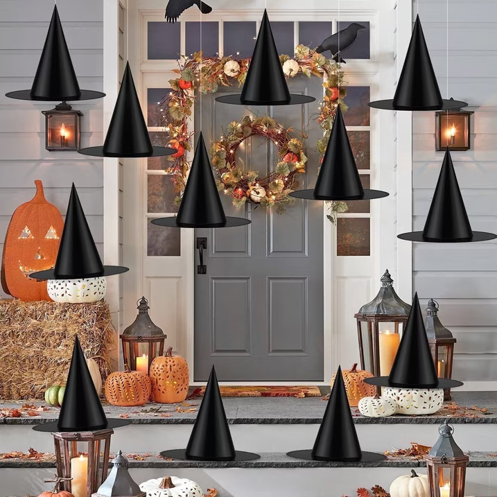 12PCS Halloween Black Witch Hats Hanging Decor Yard Party Outdoor 328FT Rope