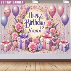 1pc 2D Personalized Happy Birthday Banner Custom Name Age Floral Balloon Party❀