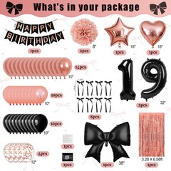 19th Decorations for Girls , Rose Gold & Black Bow Coquette Happy 19th Party …