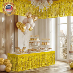 2 Pack Gold Table Skirts, 29X108″ Metallic Foil Tinsel Fringe Table Skirts for R
