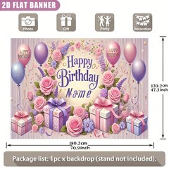 1pc 2D Personalized Happy Birthday Banner Custom Name Age Floral Balloon Party♪