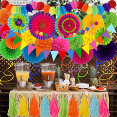 Party Decorations, 41 Pcs Multicoloured Papar Fans Pompoms Garlands String Tissu