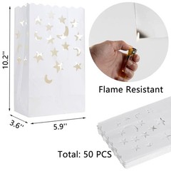 White Luminary Candle Bags Stars Moon Design Fire Retardant Lantern 50 PCS