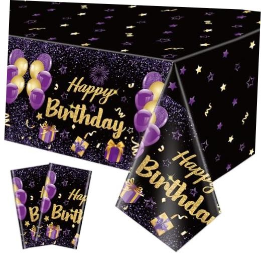 Pack Black Purple Happy Birthday Tablecloths, 51×87» Plastic Disposable 2