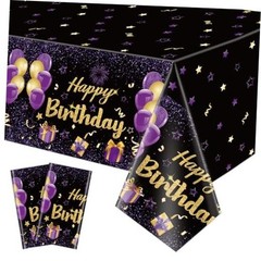 Pack Black Purple Happy Birthday Tablecloths, 51×87» Plastic Disposable 2