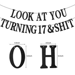 17th Birthday Banner, Decorations, Happy Black Glitter