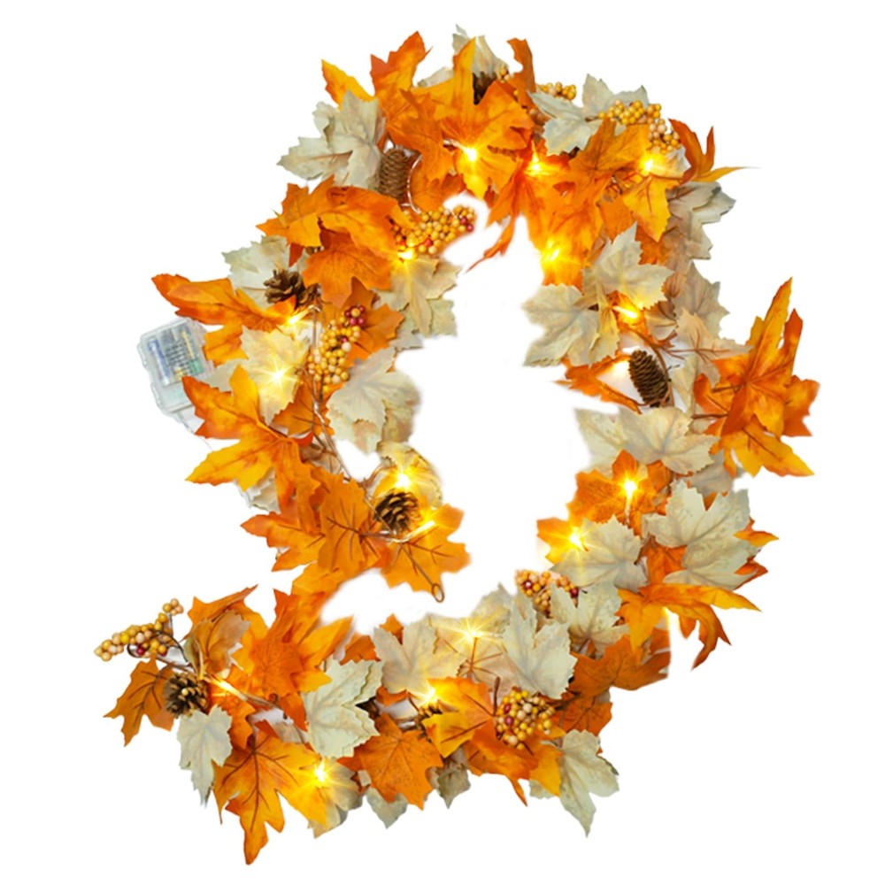 6 FT Fall Garland with Timer Lights Maples Leaves Garland with Berries Pine C…