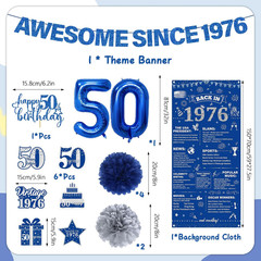 50Th Birthday Decorations Men Kit – 16 Pcs Blue Sliver Awesome since 1976 Banner