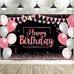 Chic Pink and Black Glitter Birthday Decoration Banner – Large Size 72.8×43.3