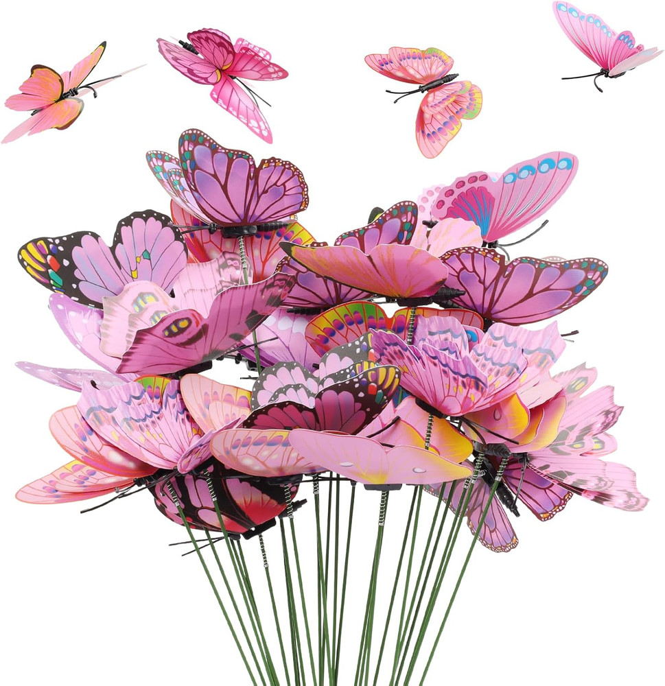 30PCS Pink Butterfly Decor Fake Butterfly Garden Picks for Outdoor Decor | 3D Do