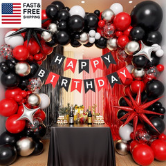 Red and Black Birthday Party Decorations, Red Black White Metallic Silver Foil B