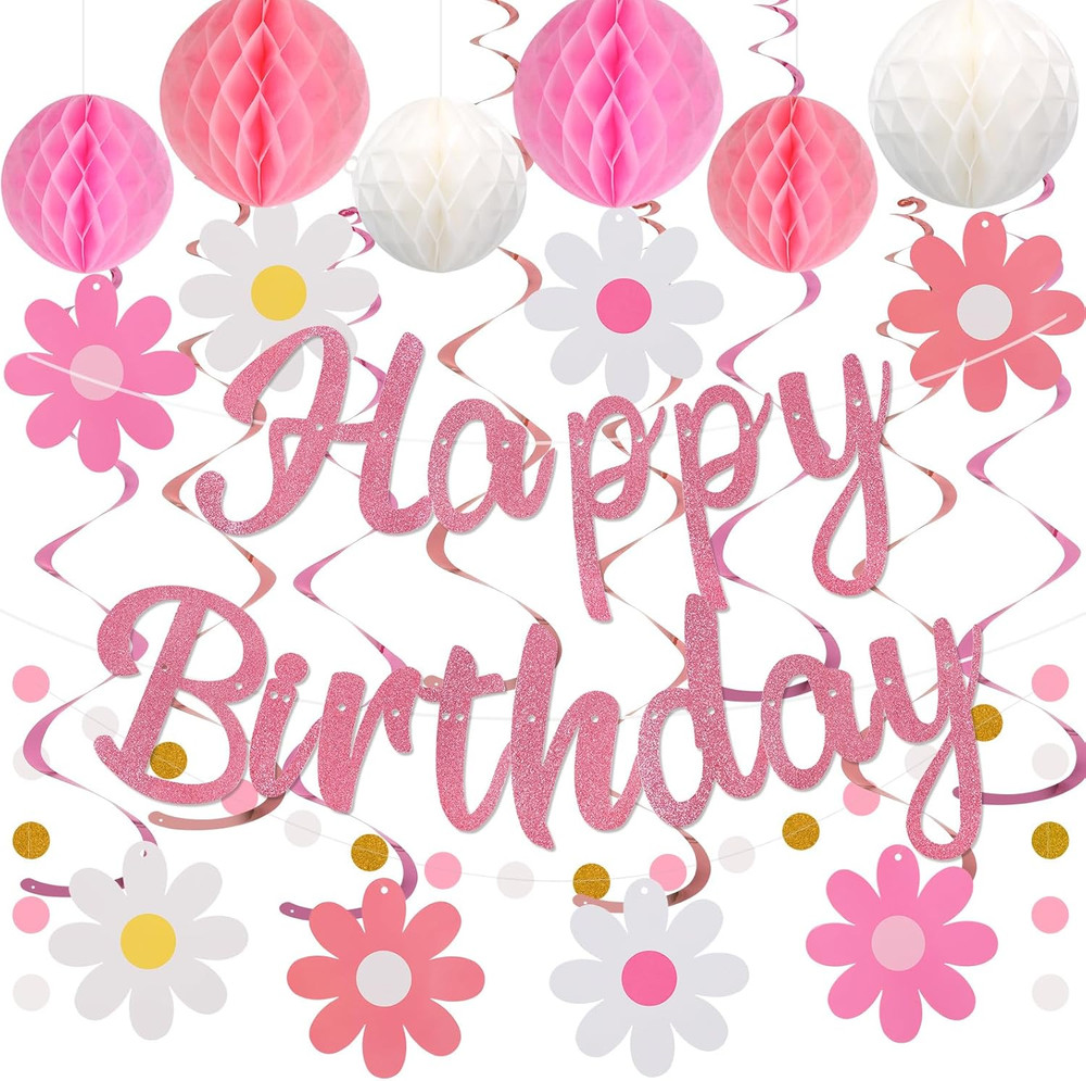 Birthday Decorations, NO DIY, Pre-Strung Happy Birthday Banner with Honeycomb Ba