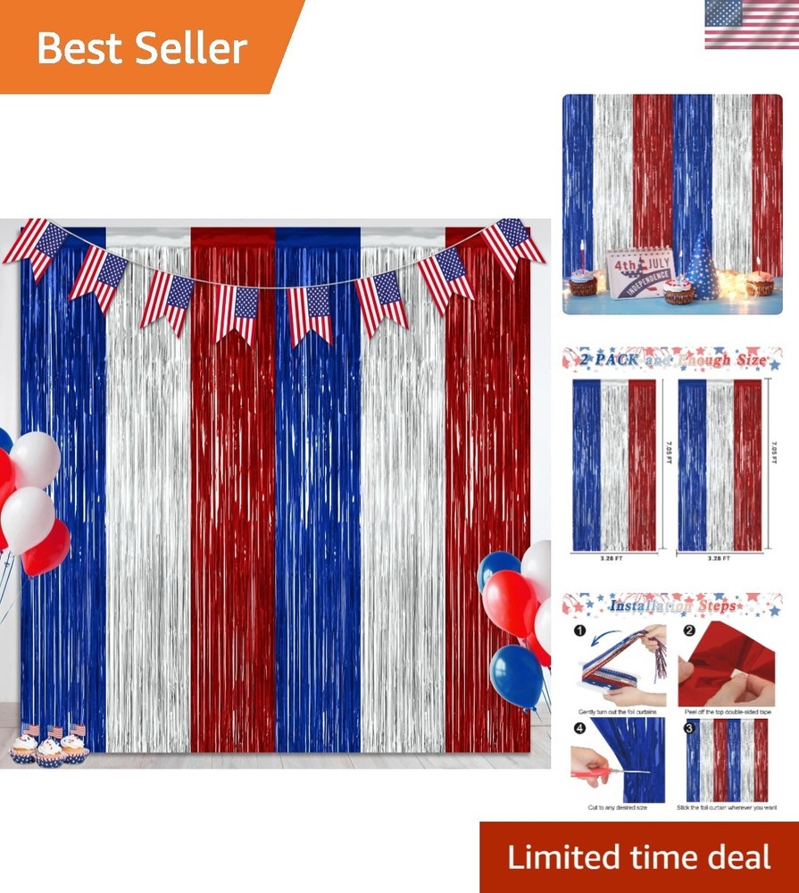 Patriotic 2 Pack 4th of July Tinsel Backdrops – Red, Silver & Blue Charm