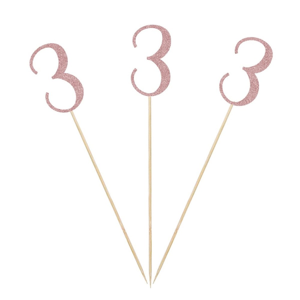 3rd Birthday Centerpiece Sticks Number 3 Table Topper Rose Gold Glitter 12 PCS