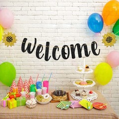 T-minimalist Welcome Banner, Black Glitter Hanging Sign Party Decorations, In…