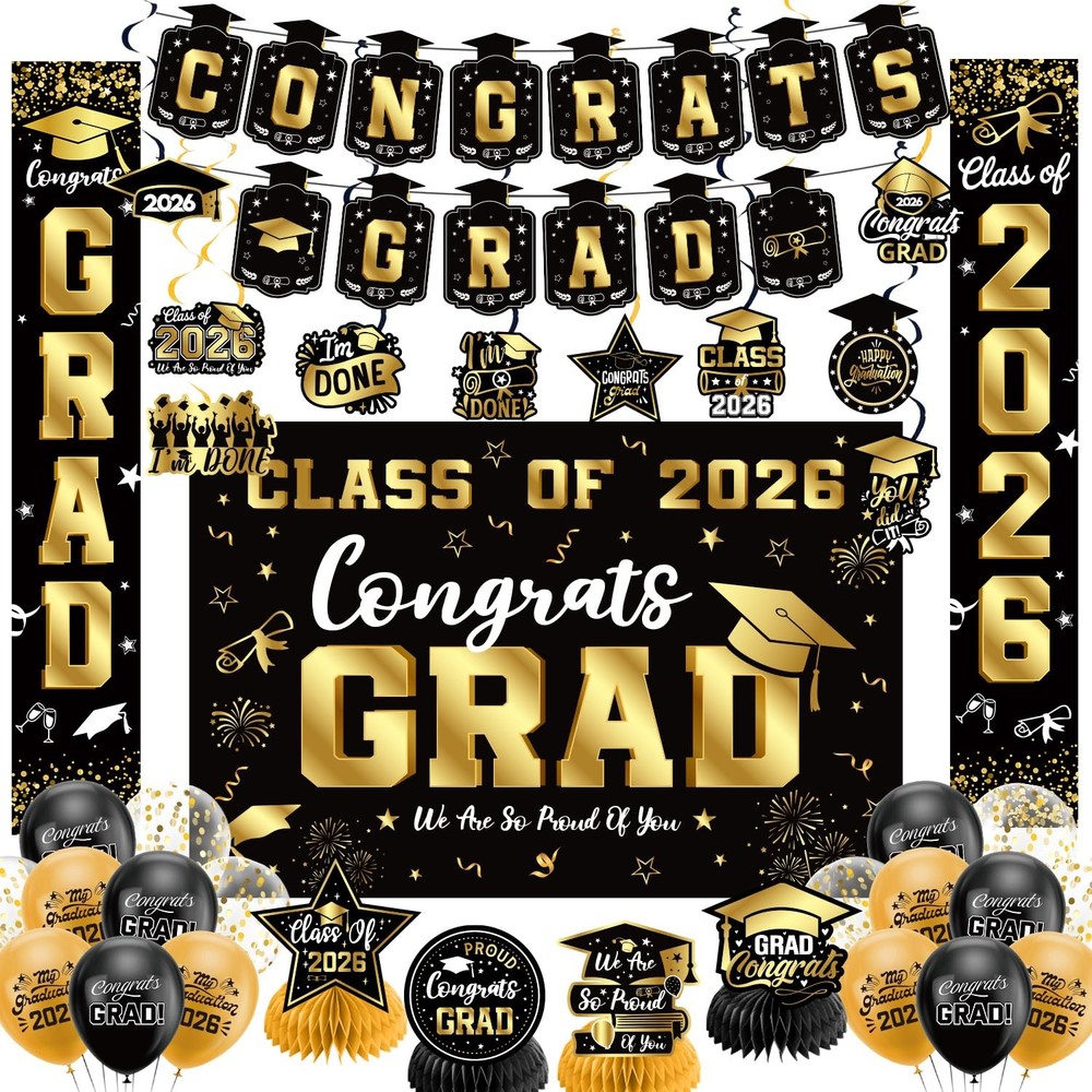 Graduation Decorations 2026 Set Black Gold, Congrats Grad Decor Set with Bann…