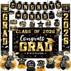Graduation Decorations 2026 Set Black Gold, Congrats Grad Decor Set with Bann…