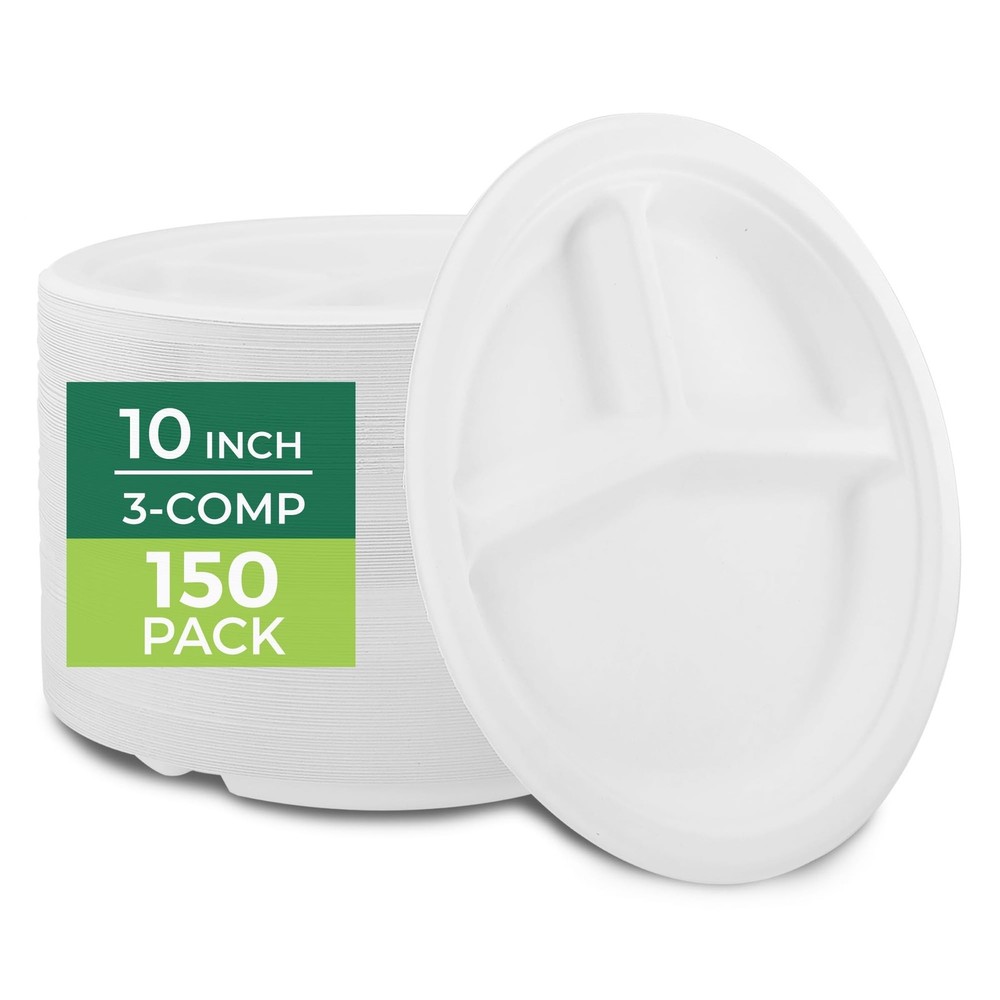 Freshware Paper Plates – Disposable 10″ Plate, 150-Pack, Biodegradable Sugarc…