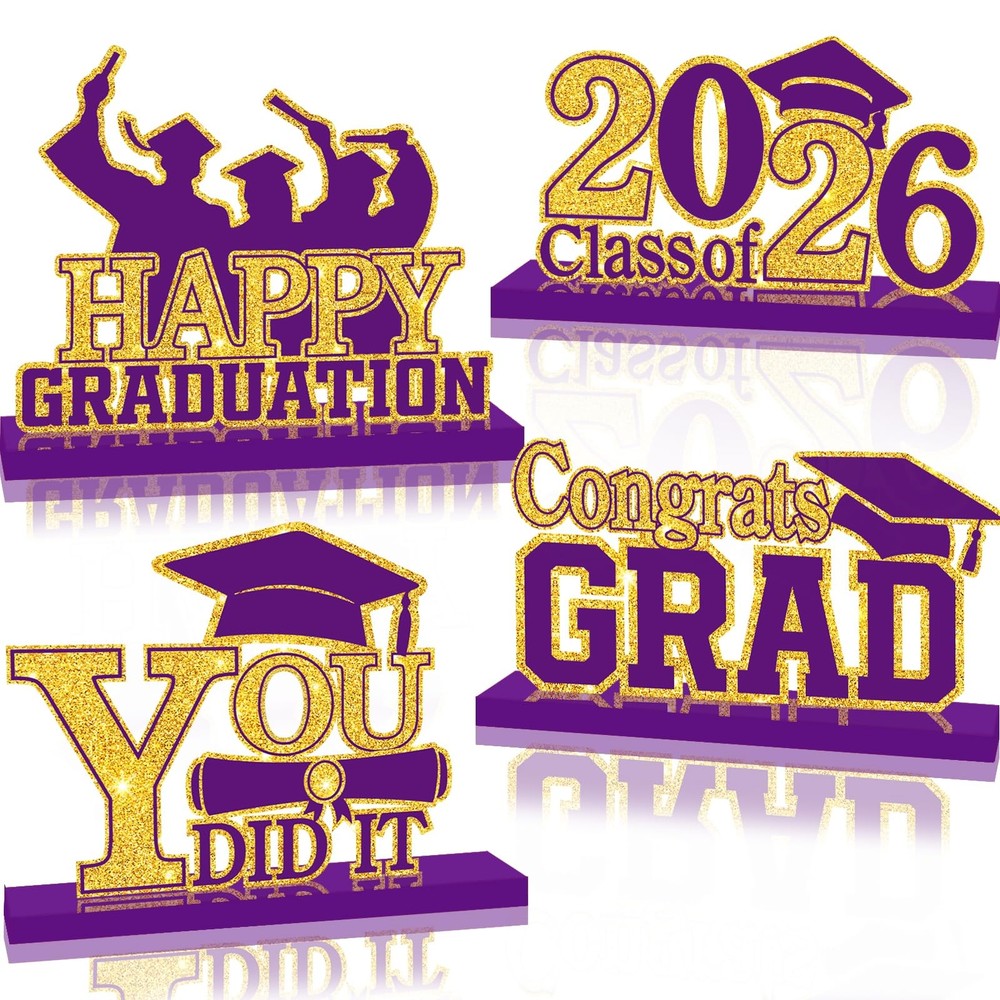 4Pcs Graduation Decorations Class of 2026 Wood Table Centerpieces Purple-gold