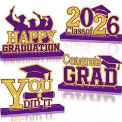 4Pcs Graduation Decorations Class of 2026 Wood Table Centerpieces Purple-gold