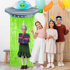 Alien Birthday Party Decorations Door Curtain with Foil Fringe Tinsel Spacecraft