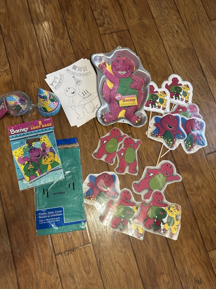Barney Birthday Party Decorations Lot: Table Cover, Loot Bags, Cutouts, Stickers