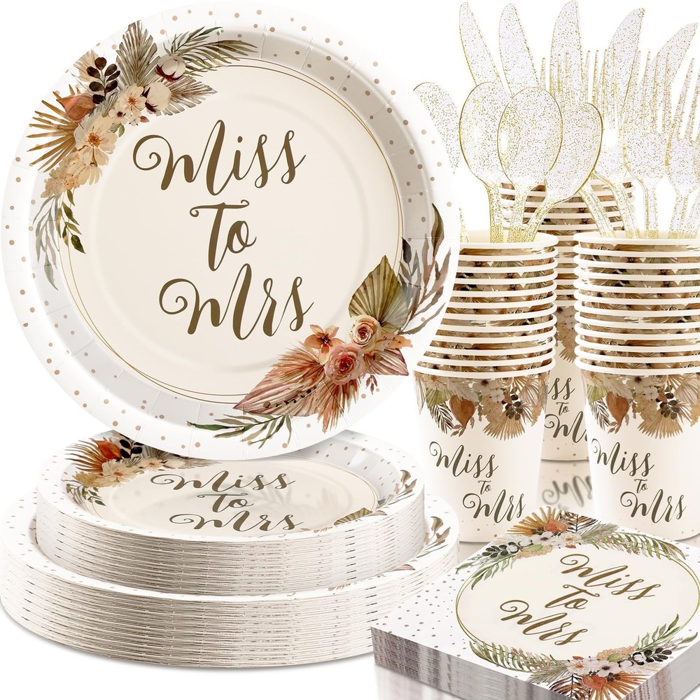 Boho Bridal Shower Decorations Set, 168 Pcs Plates & Napkins for 24 Guests, Miss