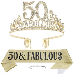50th Birthday Decorations – Sash, Tiara & Crown for 2 piece Set, Gold